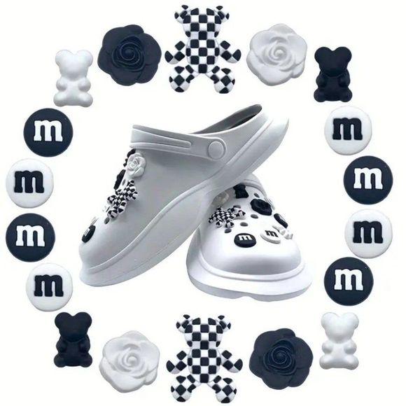 *NEW - 18-pcs* Trendy Black and White M&M Bear Flowers Shoe Charms 4 Your Crocs - Picture 1 of 7